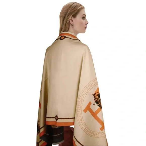 #14 Anthro Kerri Horse Poncho Scarf Orange & Cream O/S - Picture 5 of 17